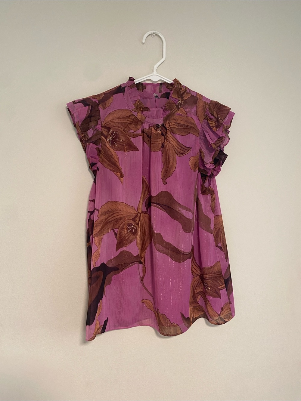 Express Purple Floral Ruffle-Sleeve Blouse